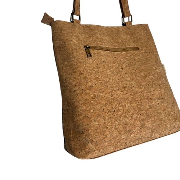 Natural Cork Shoulder Tote Bag With Tropical Leaf Print & Zipper Pockets - Picture 7 of 12